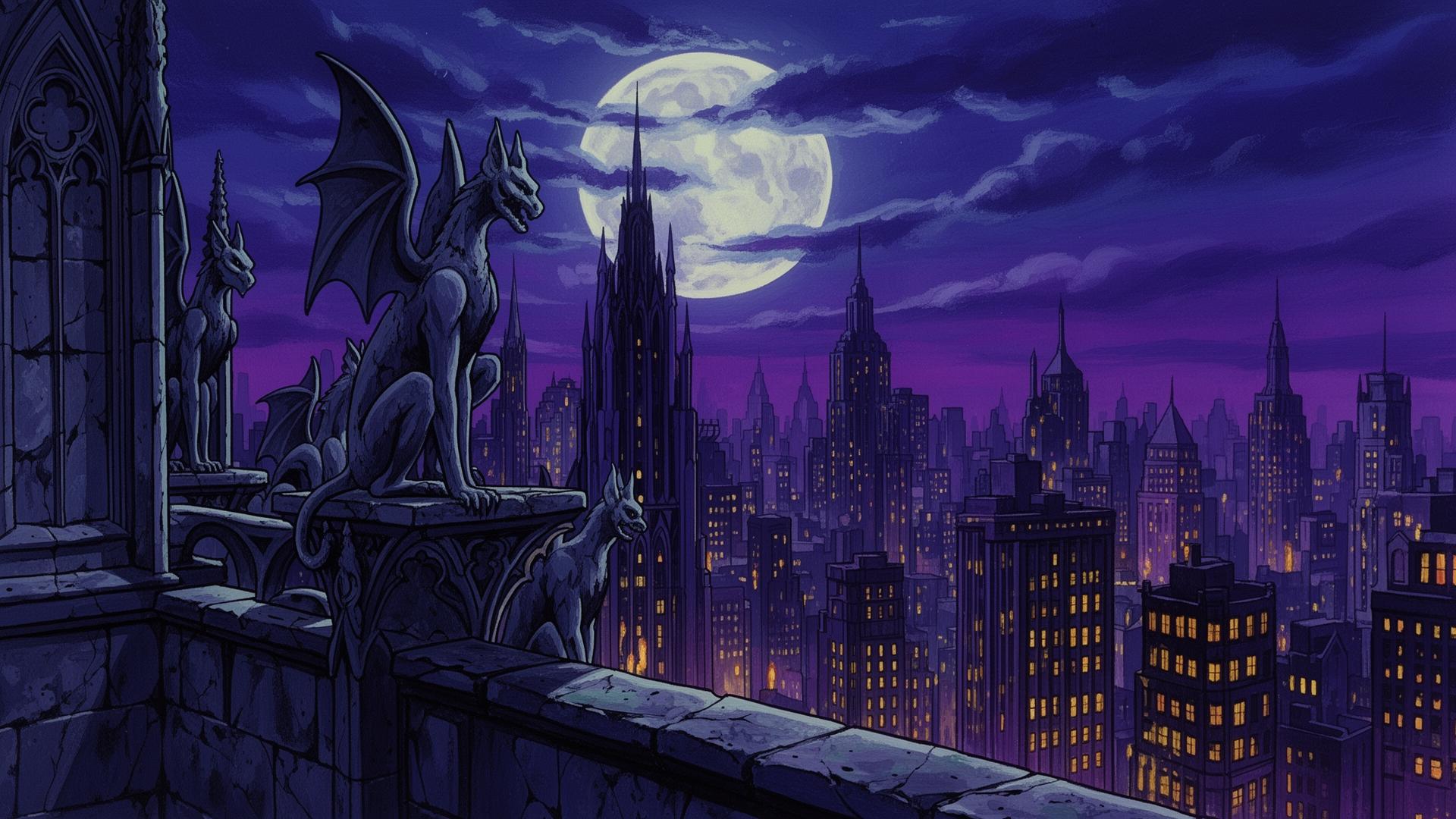 Gargoyles perched on a moonlit gothic Manhattan parapet